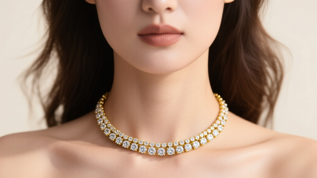 Model wearing a delicate 18k yellow gold diamond choker necklace, soft lighting highlighting the brilliant round pave stones