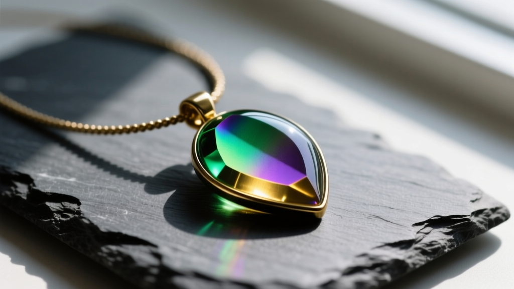 Close-up of a vibrant dichroic glass juju vera necklace pendant resting on dark slate, catching iridescent light reflections