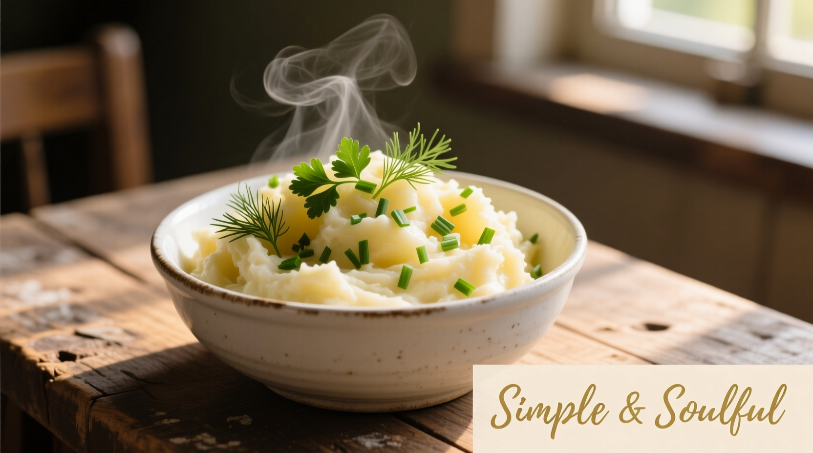 Homemade mashed potatoes in white bowl with fresh herbs