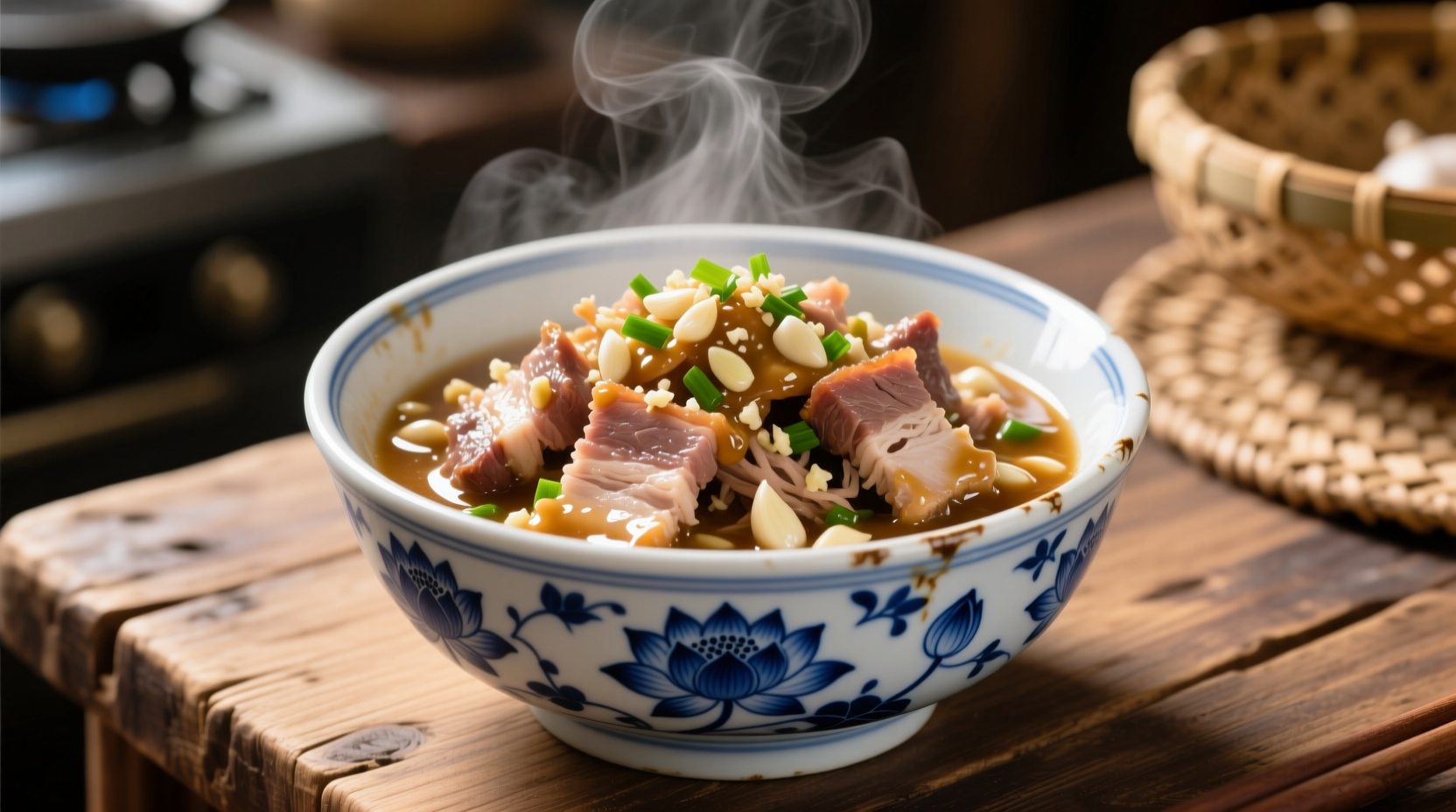 Shredded pork with garlic sauce in traditional blue porcelain bowl