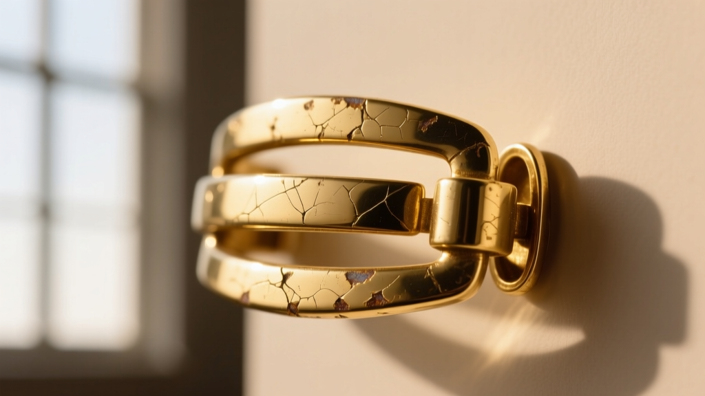 Macro shot of a vintage jewelry clasp showing micro-abrasions and fading gold electroplate revealing the brass base metal