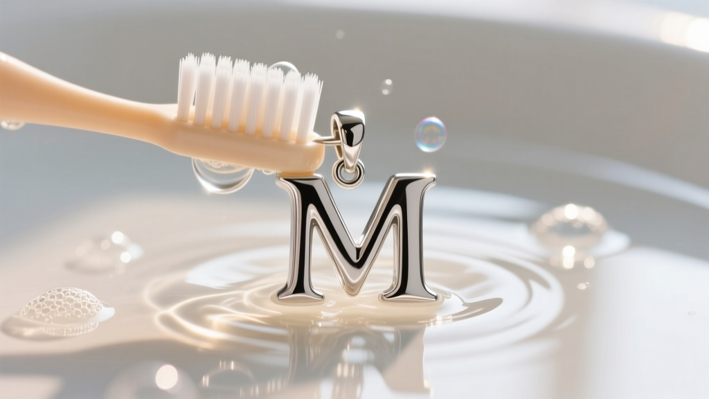 A soft-bristled baby toothbrush gently scrubbing the crevices of a sterling silver letter M pendant in warm soapy water.