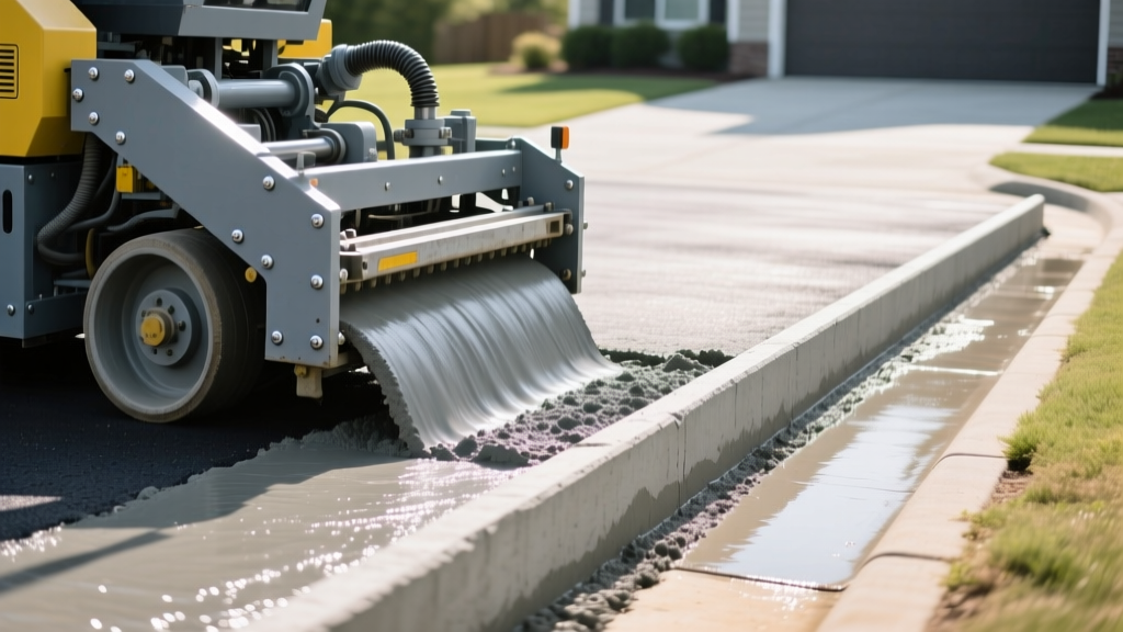 Extruded concrete curbing machine laying a continuous grey concrete edge along a freshly paved asphalt driveway in bright daylight