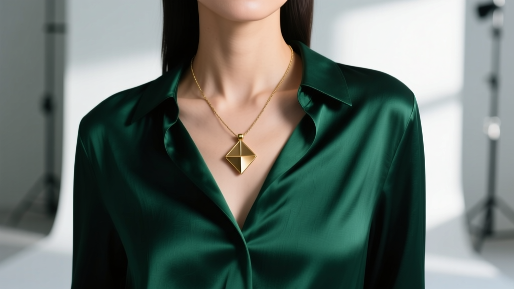 Woman wearing a modern minimalist menat necklace with a small brass counterpoise resting elegantly over a dark green silk blouse.