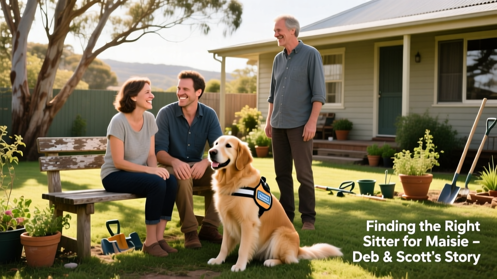Deb and Scott meeting Noelene and Udo in their Burnie backyard, with Maisie sitting happily between them