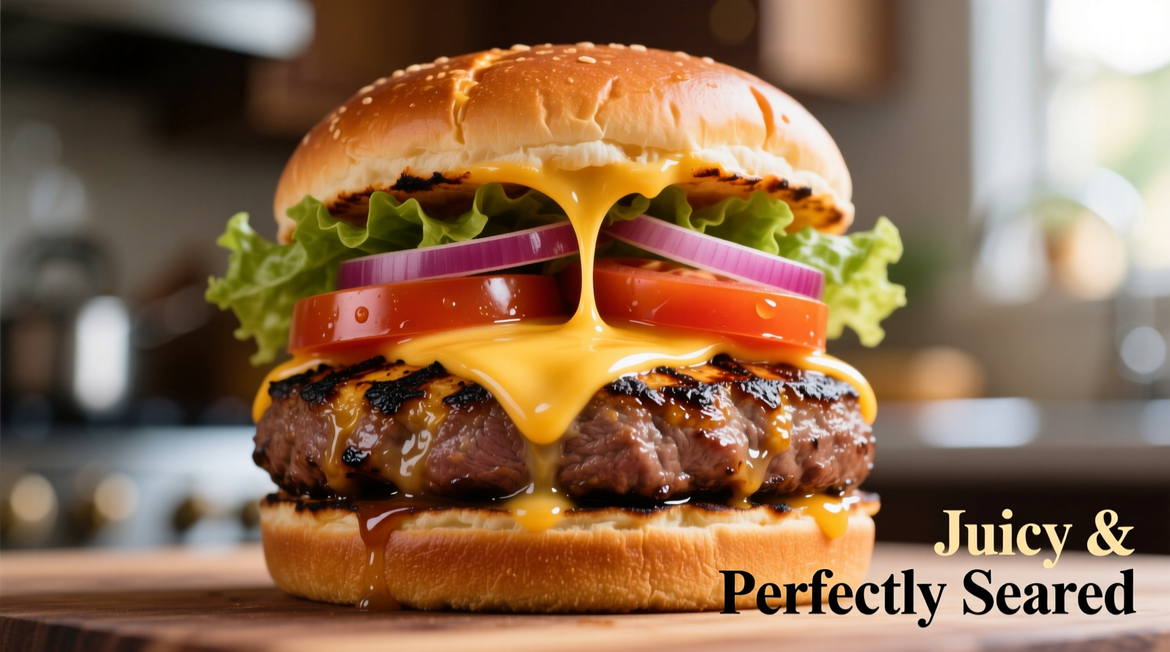 Perfectly seared juicy burger with melted cheese and fresh toppings