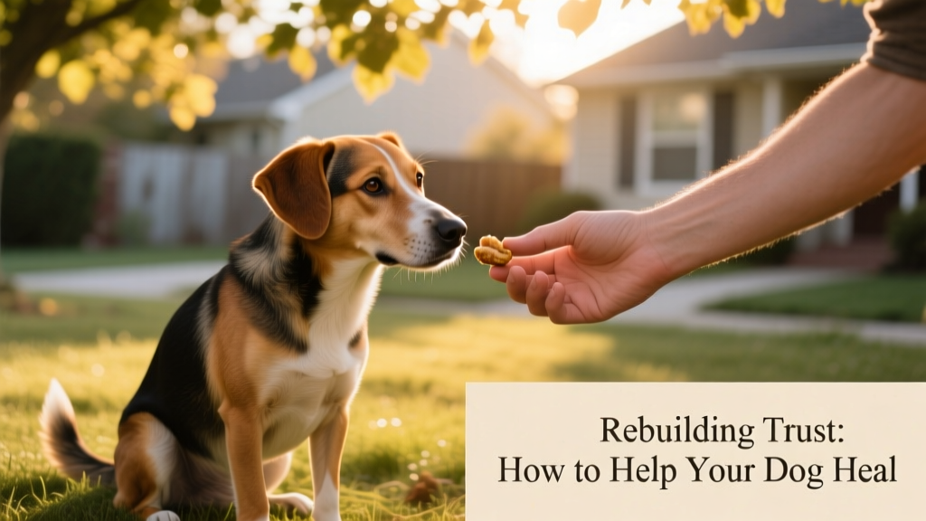 A gentle hand offering a treat to a hesitant dog sitting slightly away from the person, illustrating trust-building