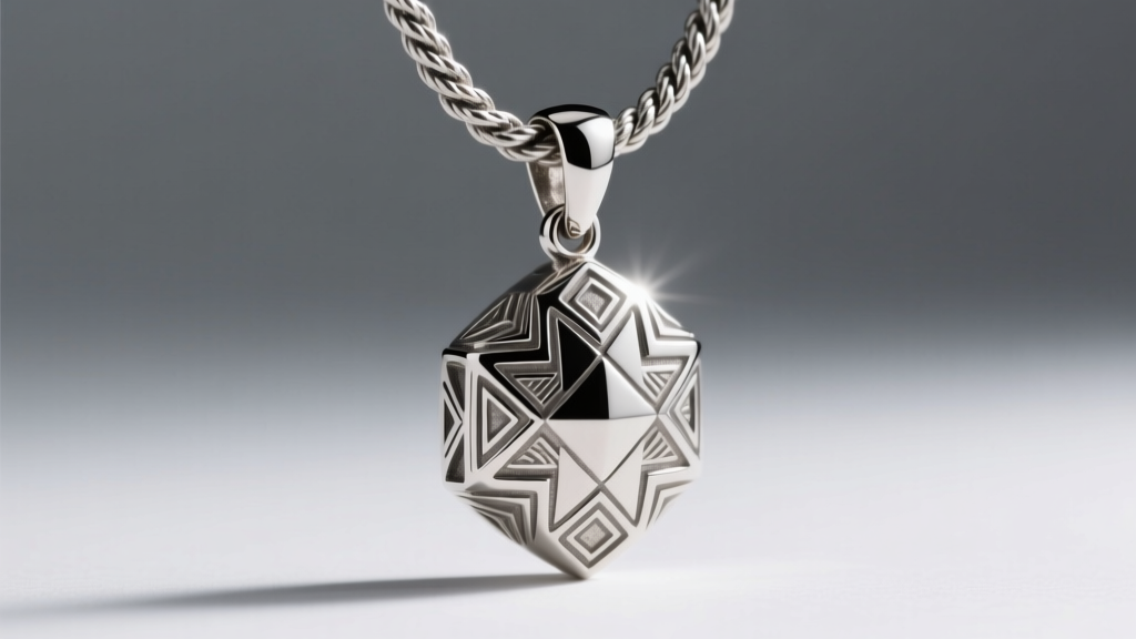 Close-up of a heavy sterling silver pendant attached to a thick rope chain via a soldered tapered bail, under studio lighting.