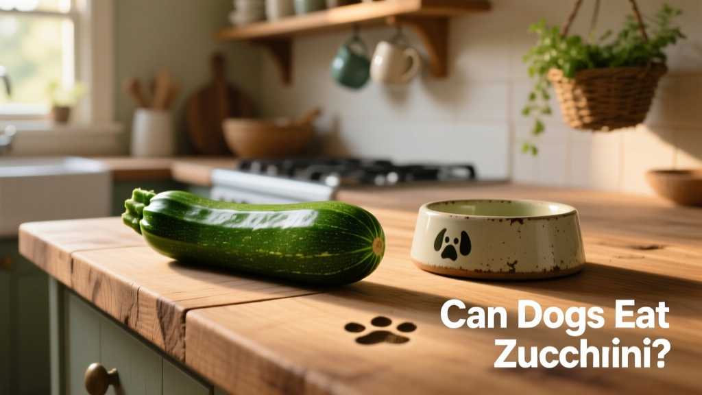 Fresh green zucchini on a kitchen counter next to a dog bowl