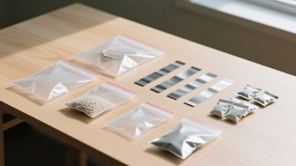 Flat lay of archival jewelry storage supplies including polyethylene bags, anti-tarnish strips, and silica packets on a wood desk.