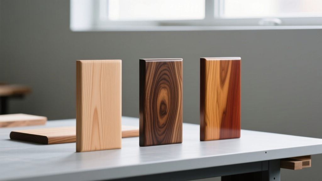 Polished hardwood samples of maple, walnut, and cherry on a workbench, highlighting tight grain patterns and natural wood tones.