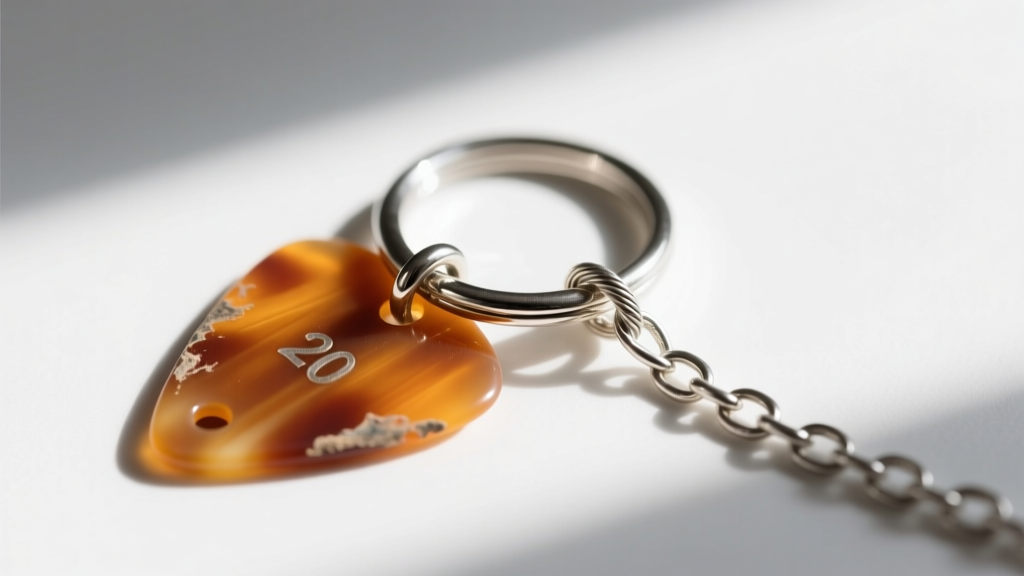 20-gauge soldered sterling silver jump ring connecting a drilled celluloid guitar pick to a delicate stainless steel cable chain.