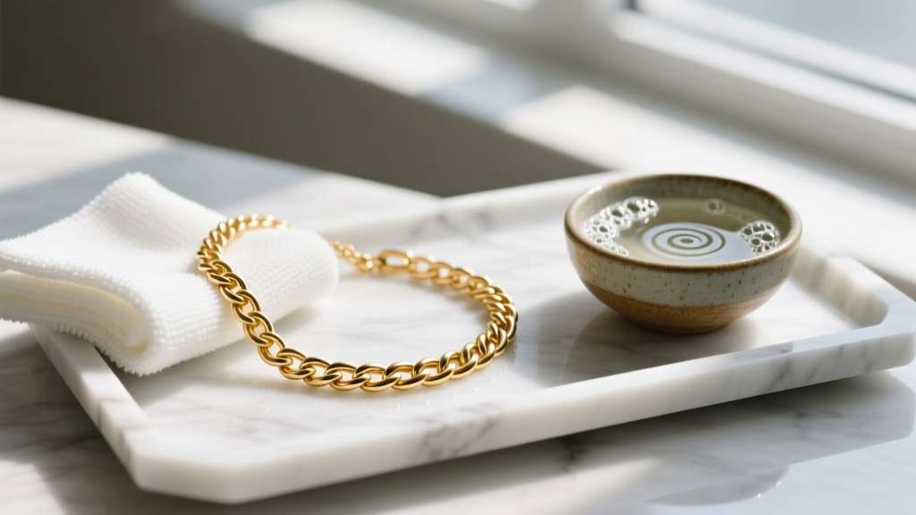 Soft cloth gently wiping a 14k gold cable chain necklace on a white marble tray next to a small ceramic bowl of soapy water