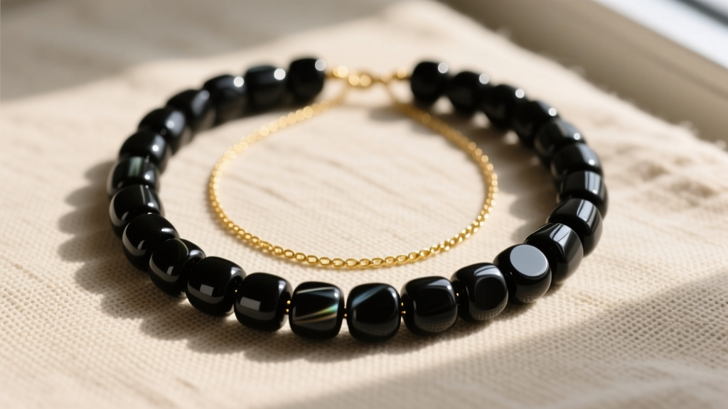 Flat lay of a chunky black onyx bead necklace and a delicate 2mm gold chain layered on a textured beige linen fabric background
