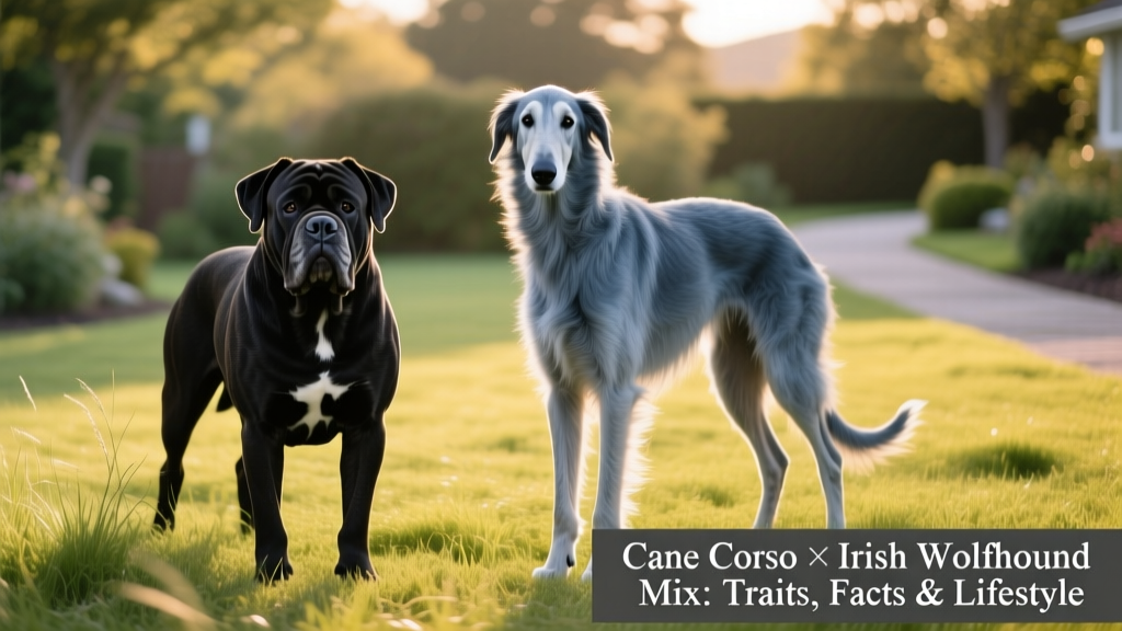 Side-by-side comparison of a Cane Corso and an Irish Wolfhound standing calmly in a grassy yard