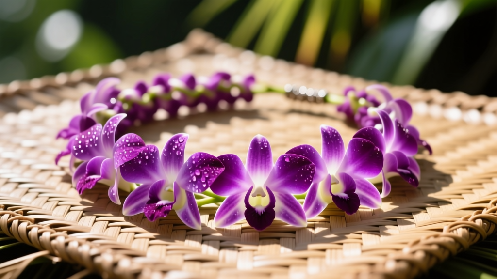 Close-up of a vibrant fresh purple dendrobium orchid lei necklace resting on a woven lauhala mat in bright natural sunlight.