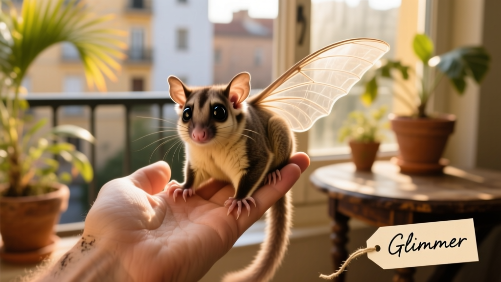 A curious sugar glider perched on a hand, looking alert and expressive