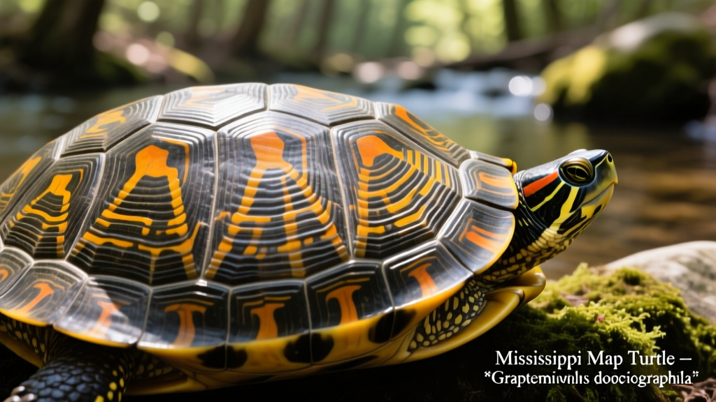 Close-up of a Mississippi map turtle’s intricately patterned carapace, showing raised ridges and yellow-orange markings resembling topographic lines