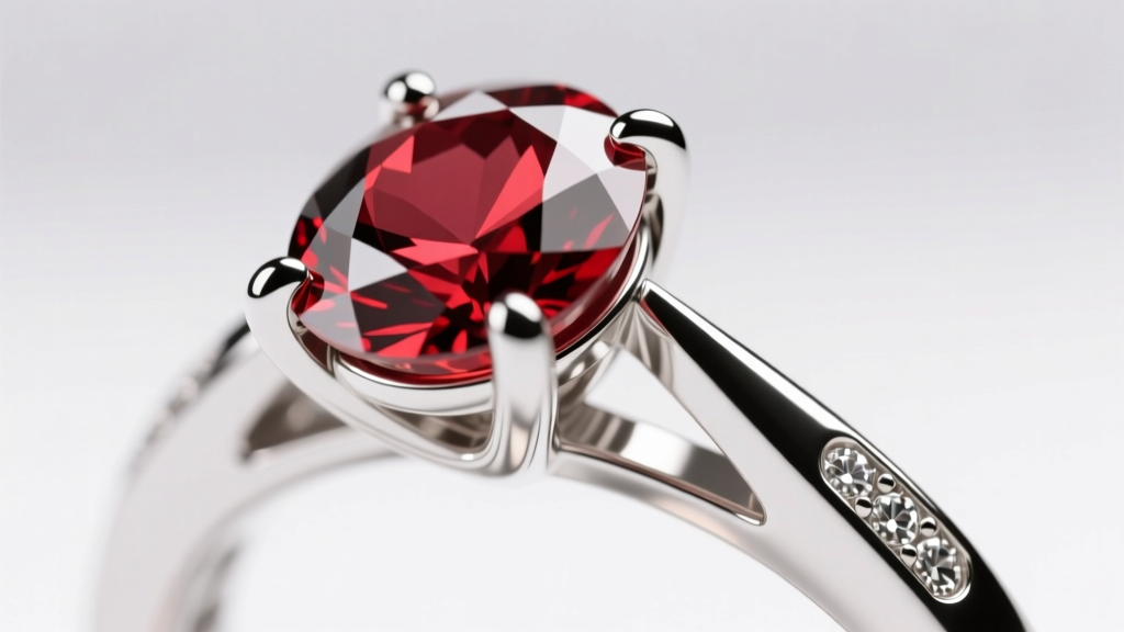 Detailed shot of 18k white gold prongs securely holding a large oval red gemstone, highlighting the rhodium plating finish.