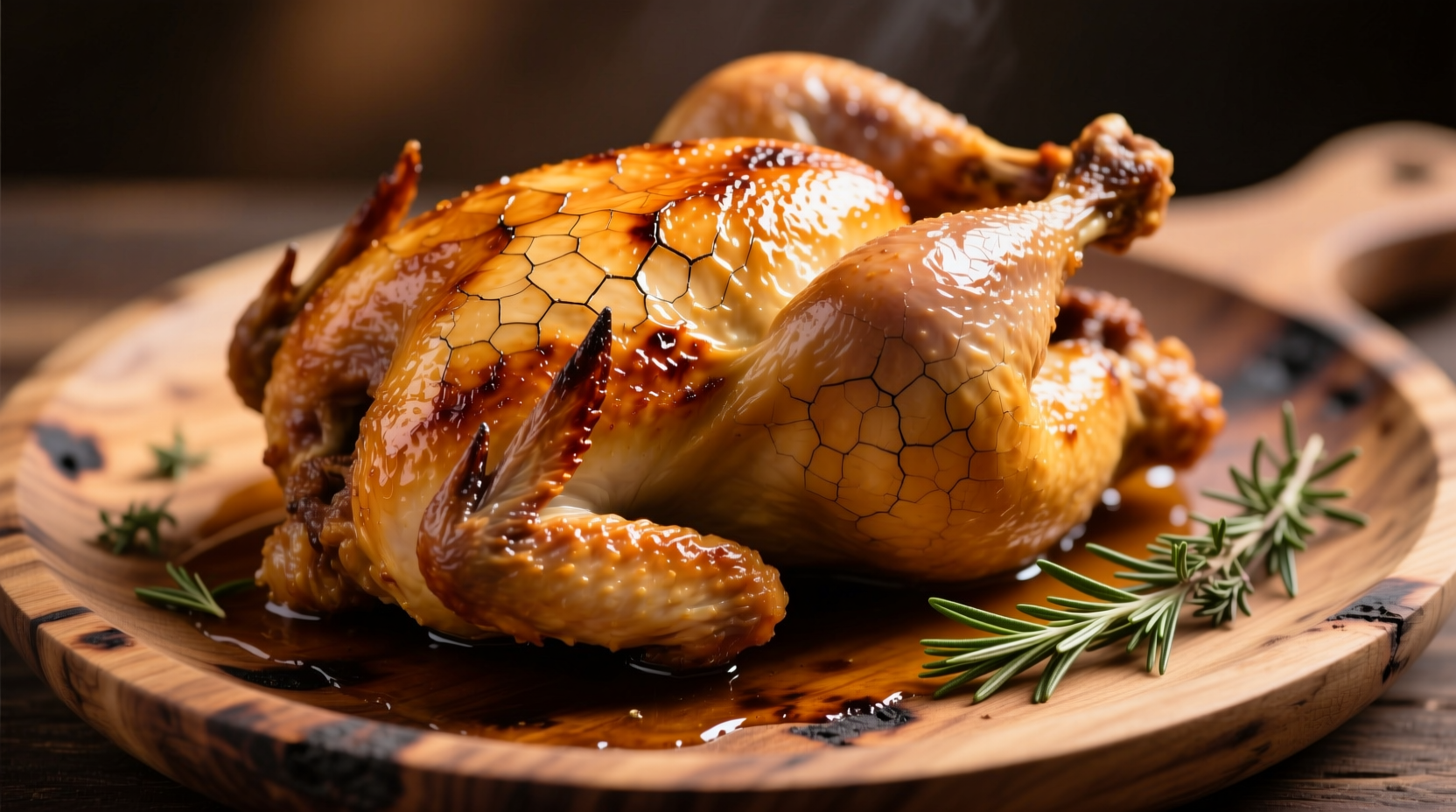 Perfectly roasted chicken with golden skin on wooden platter