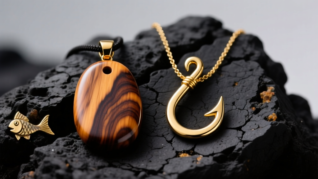Polished koa wood makau pendant and 14k gold fish hook necklace displayed side by side on a dark volcanic basalt rock surface.