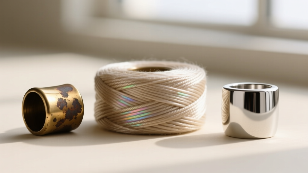Macro shot of woven 6A grade mulberry silk cord texture next to a tarnished brass end cap and a shiny sterling silver cap