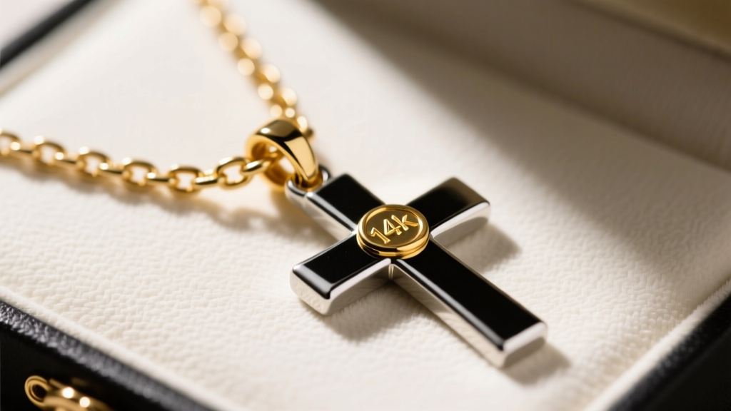 Macro shot of a James Avery box chain clasp attached to a mixed-metal cross pendant, clearly showing the 14k gold accent stamp.