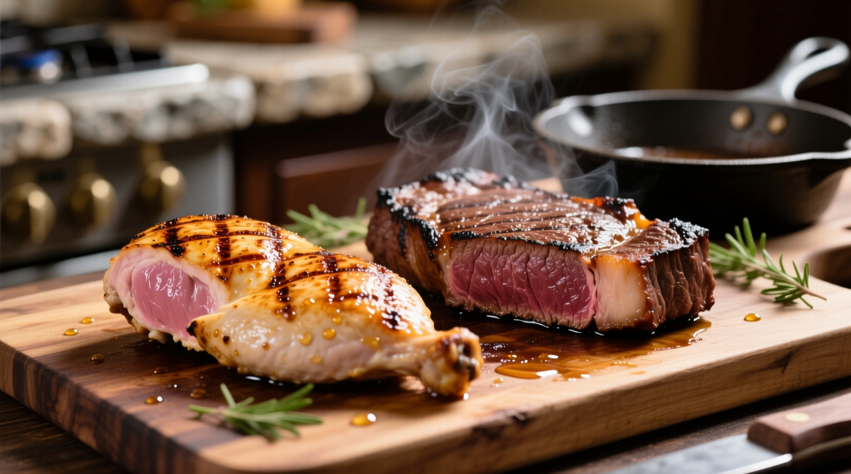 Close-up of grilled chicken breast and sirloin steak