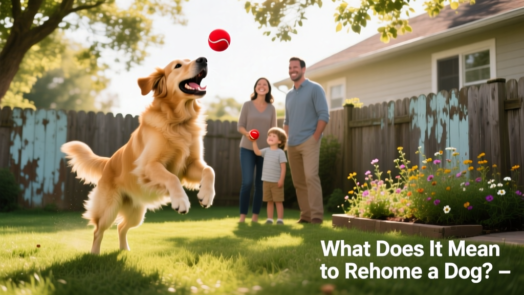 A happy dog playing fetch in a fenced backyard with their new family, captured mid-leap