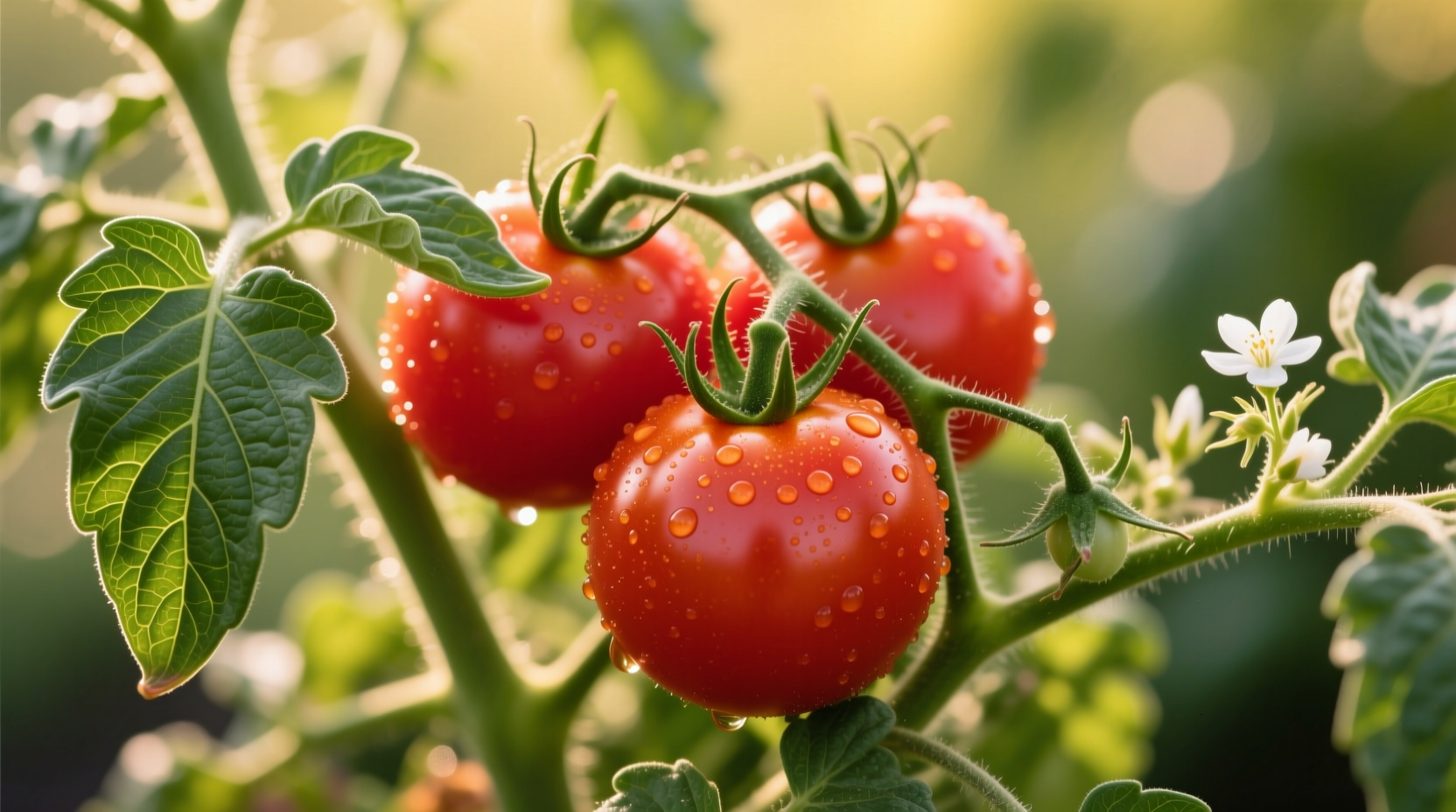 Close-up of healthy tomato plant with vibrant fruit