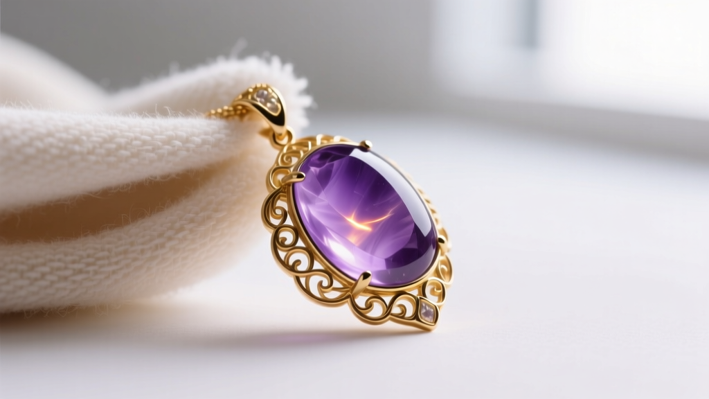 Macro shot of a soft microfiber cloth gently polishing a polished lavender sugilite pendant with intricate gold filigree detailing