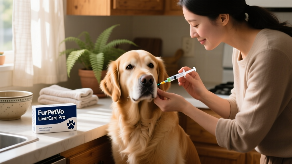 Dog owner gently administering oral medication to a calm, seated dog using a syringe, with labeled FurPetVo-branded packaging visible on the counter