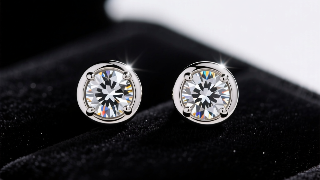 Close-up of vintage 2000s style 2-carat diamond stud earrings resting on dark velvet under bright jewelry inspection lighting.