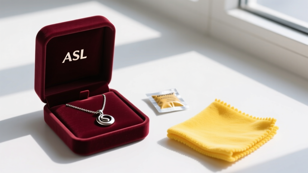Open velvet box holding a polished steel ASL necklace, next to a silica gel packet and a yellow microfiber polishing cloth.