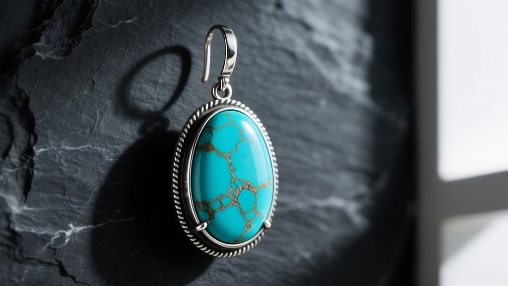 Large 30mm natural Kingman turquoise cabochon statement drop earrings set in oxidized 925 sterling silver against dark slate