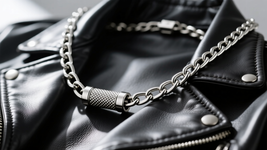 Close-up of a screen-accurate Chainsaw Man ripcord necklace crafted from brushed 316L surgical steel resting on a dark leather jacket