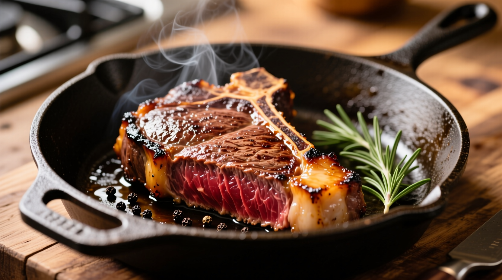 Perfectly seared rib eye steak in frying pan