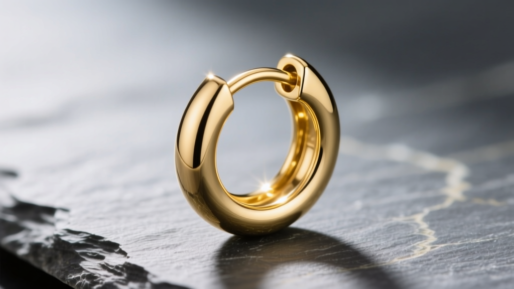 Close-up of an 18-gauge 14k yellow gold 8mm hoop earring on slate, highlighting the seamless hinged clasp and high-polish finish.