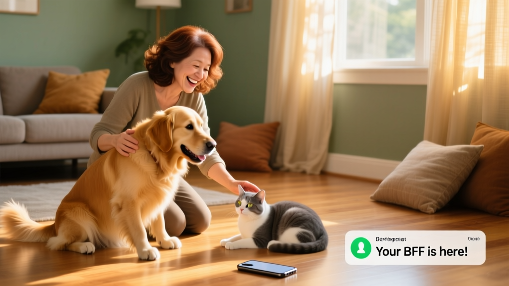 A joyful person kneeling beside a friendly dog and a calm cat on a sunlit living room floor