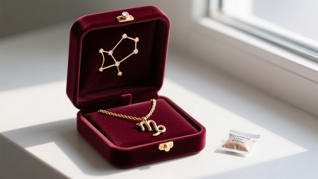 Open velvet jewelry box displaying a coiled rose gold virgo constellation necklace resting beside a small silica gel packet.
