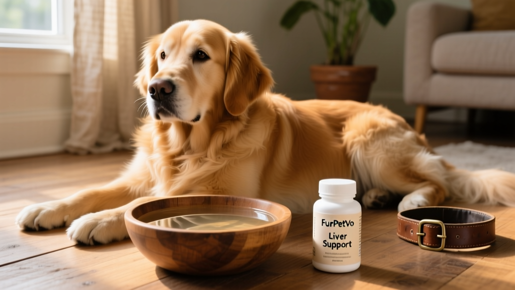 A golden retriever resting calmly beside a bowl of fresh water and a small supplement bottle labeled 'FurPetVo Liver Support'