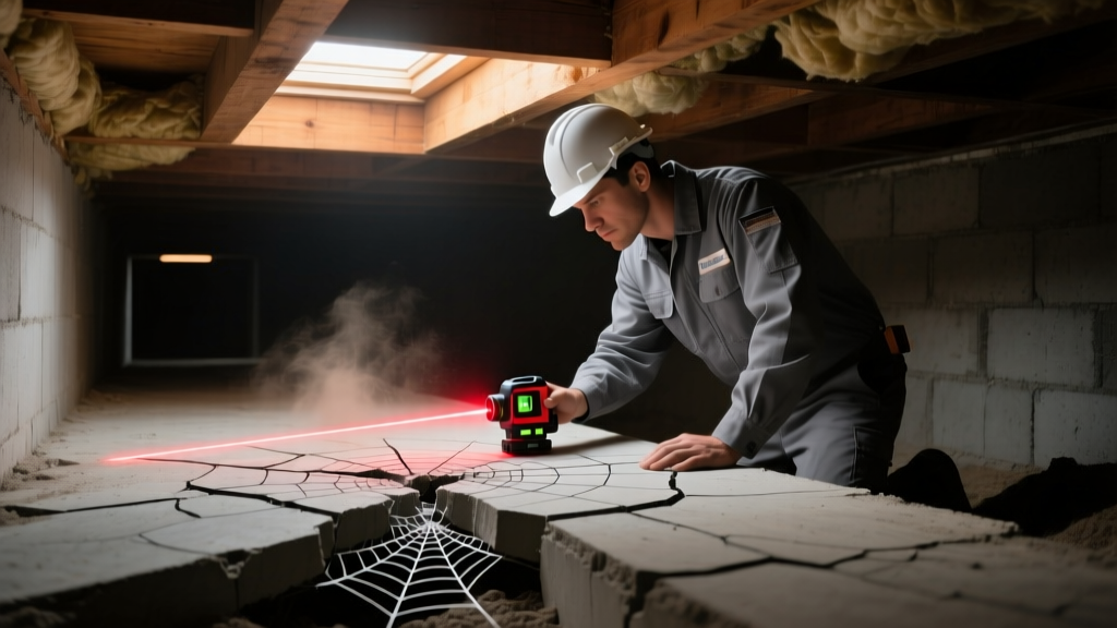 Structural engineer inspecting a cracked concrete slab foundation with a laser level in a dimly lit residential crawl space.