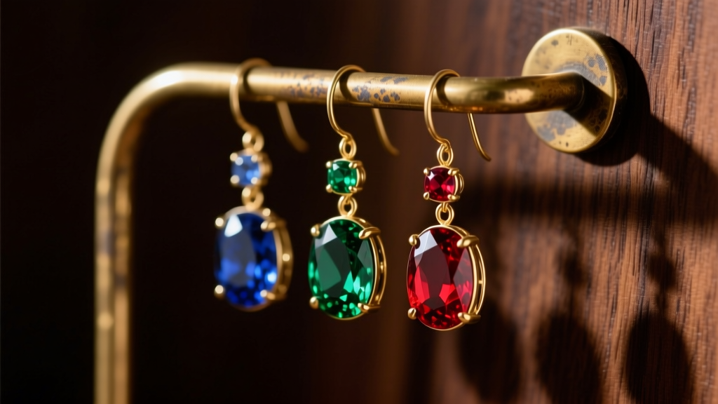 Close-up of a solid brass handmade earring holder with a natural patina, displaying heavy gemstone drop earrings on dark wood.