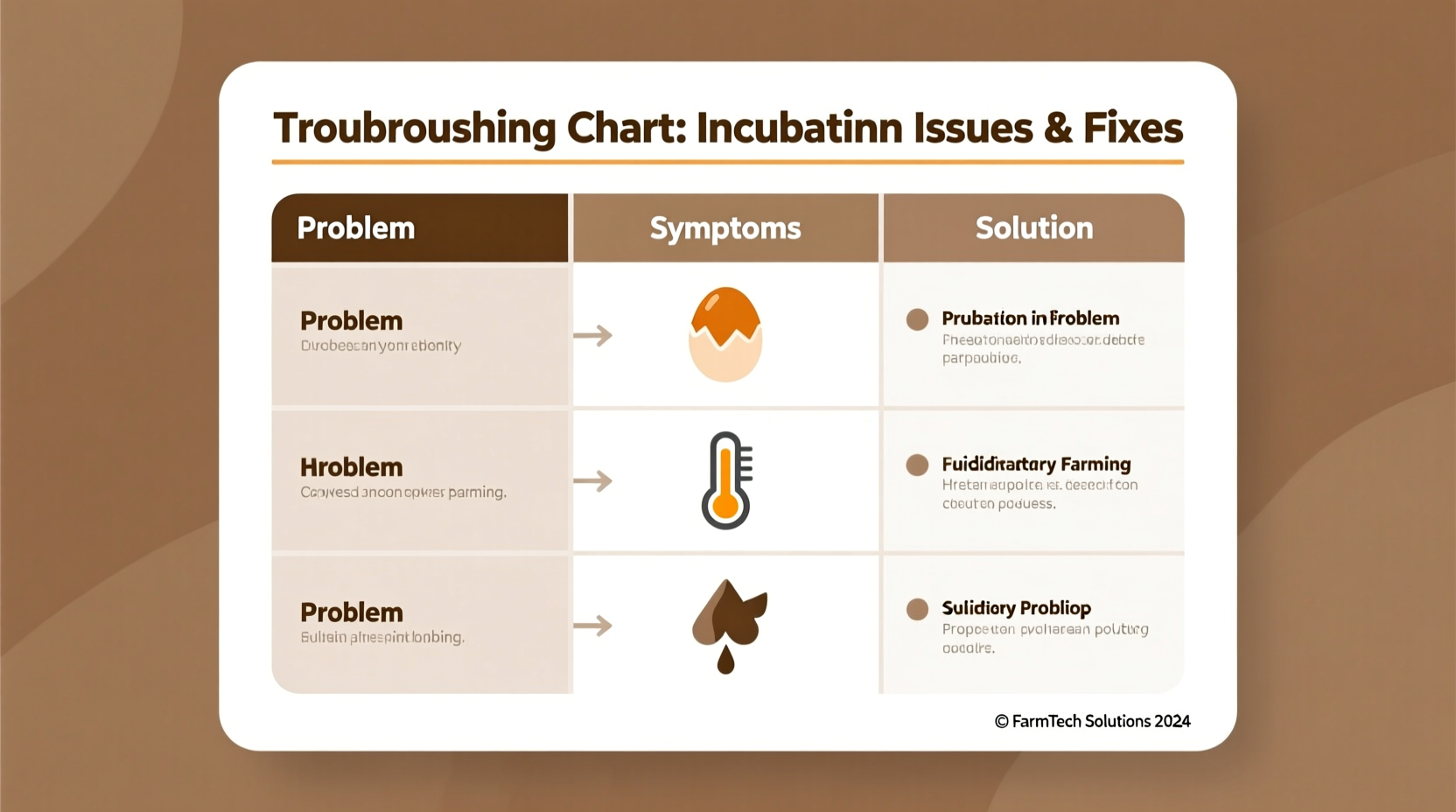 Troubleshooting chart showing common incubation problems and solutions