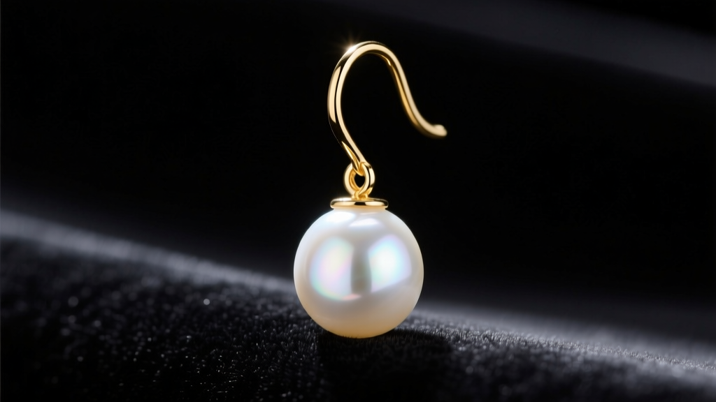 Elegant 14mm white South Sea drop pearl earring on an 18k gold hook, resting on dark velvet under soft gallery lighting.
