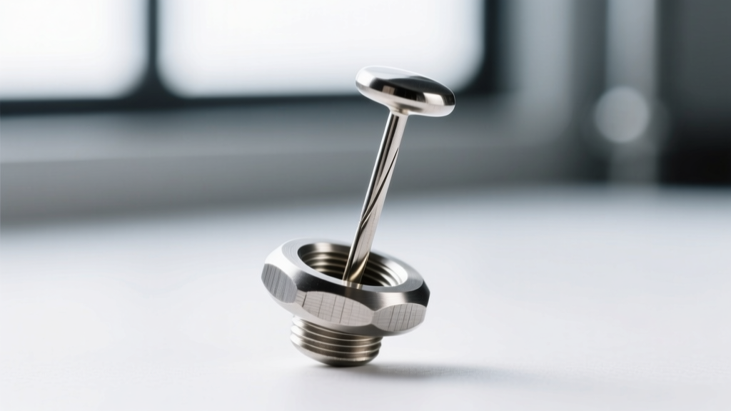 Macro view of a bent threadless push-pin inside a 14-gauge titanium post, highlighting the friction-fit tension mechanism clearly.