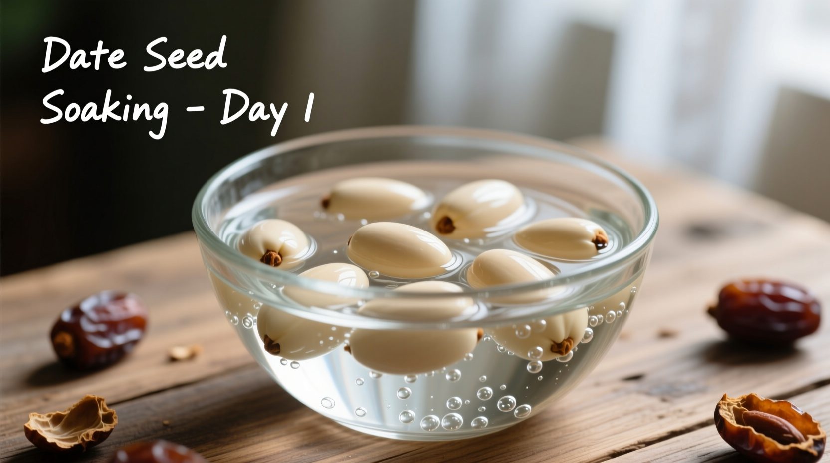 Date seed preparation showing cleaned seeds soaking in water