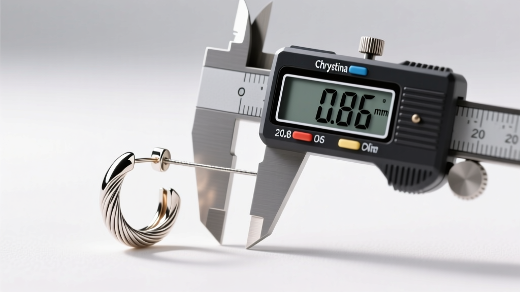 A Chrystina earring post next to a digital micrometer, measuring the exact 0.8mm thickness of the 20-gauge surgical steel wire