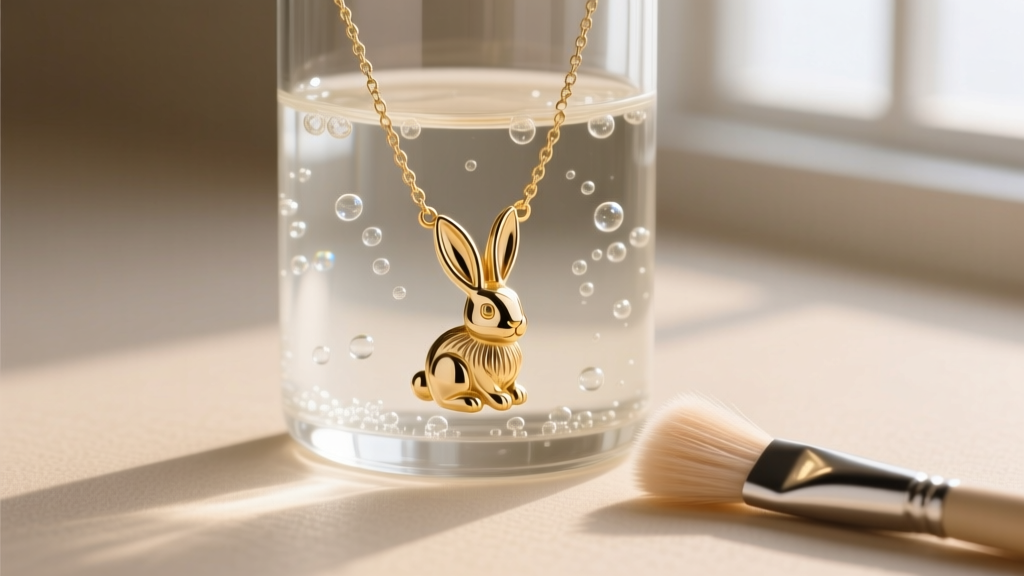 Gold vermeil bunny necklace soaking in gentle jewelry cleaning solution, with a soft bristle brush nearby for careful detail work