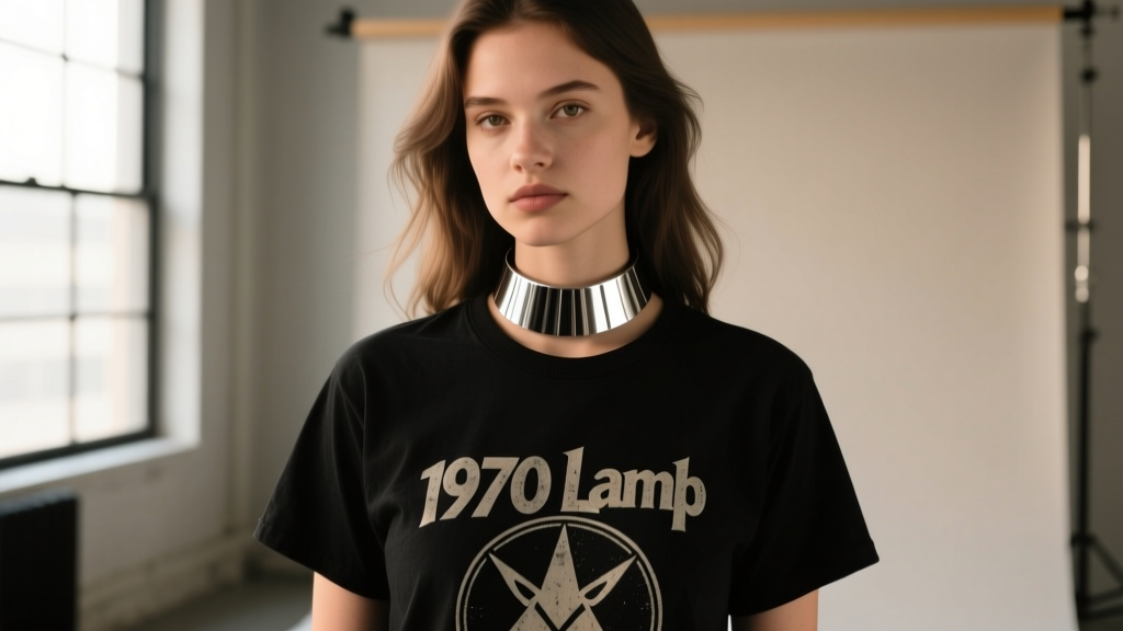 Young woman wearing an 18-inch stainless steel Cult of the Lamb follower collar necklace over a vintage black graphic t-shirt.